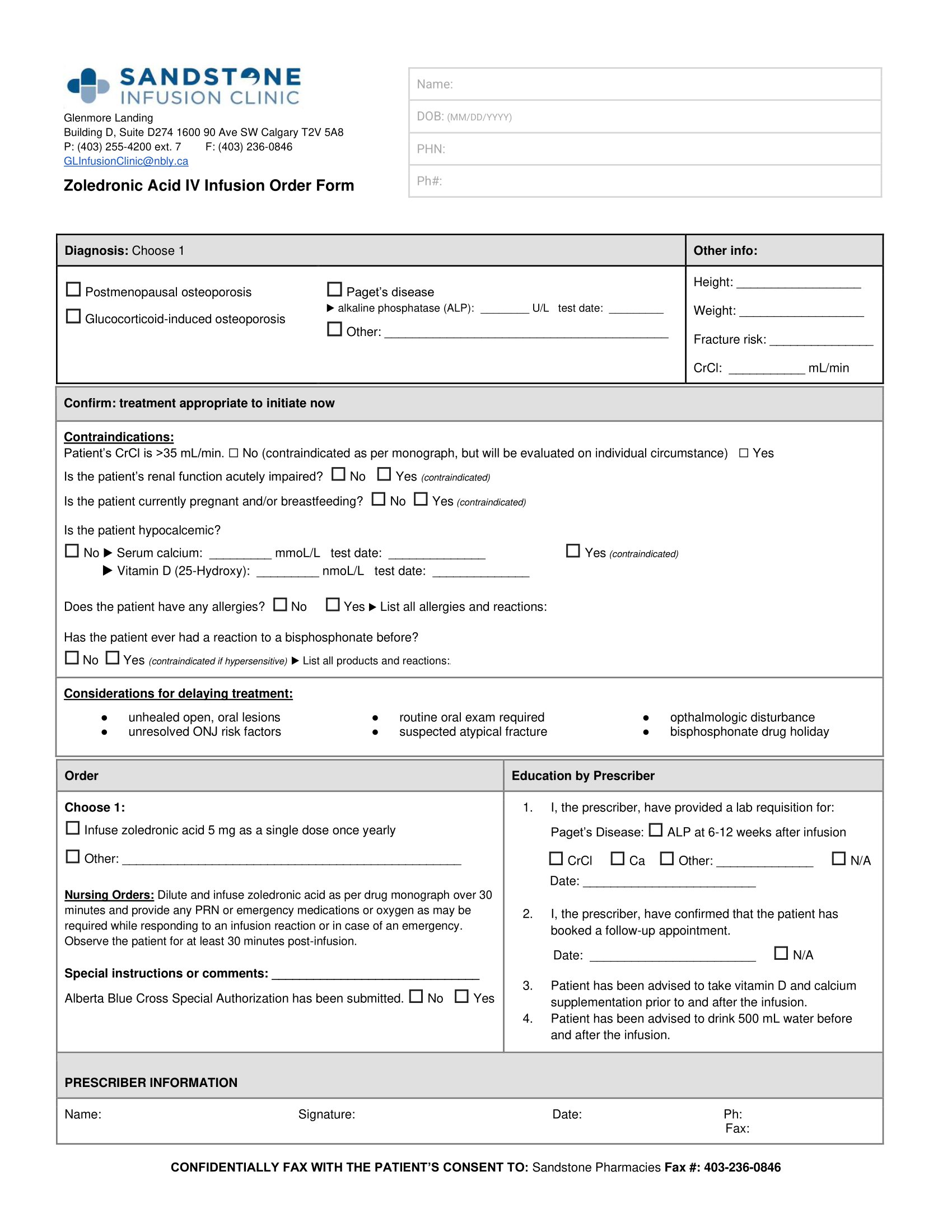 Zoledronic Order Form « Sandstone Pharmacies